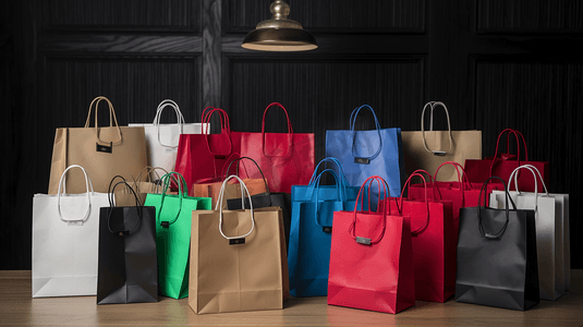 绿色活动促销摄影照片_排列在一起的商场彩色购物袋