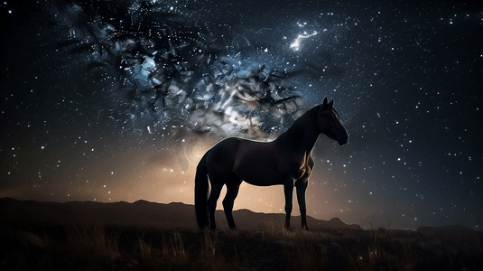 前景中有星星和一匹马的夜空