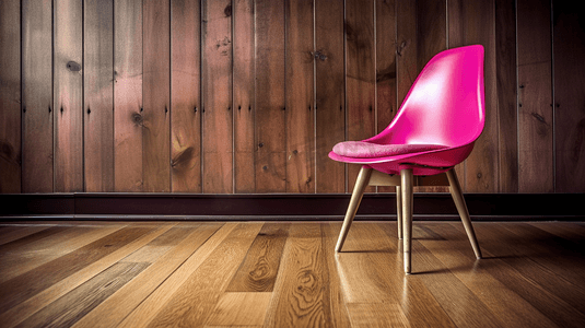 一把放在硬木地板上的粉色椅子