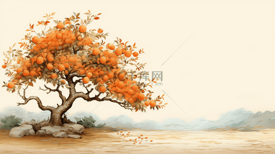 秋日挂满金黄柿子的柿子树背景14