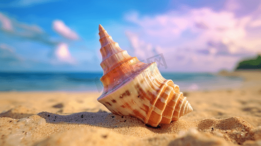 海滩椰树卡通摄影照片_沙滩海螺贝壳大海海滩风景摄影图