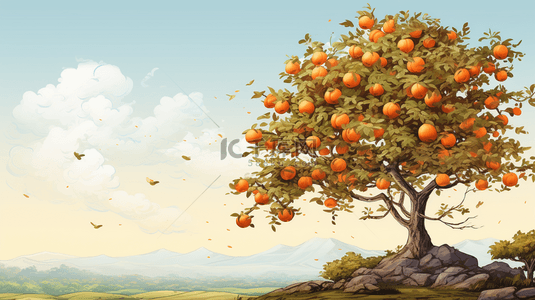 秋日背景图片_秋日挂满金黄柿子的柿子树背景1