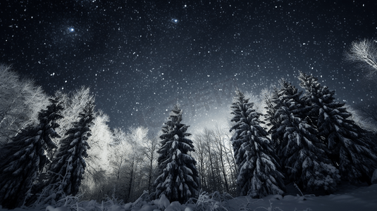夜空布满了星星，树上覆盖着白雪