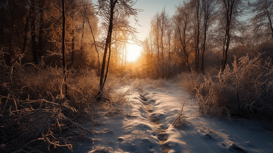 太阳正在白雪覆盖的森林上落下
