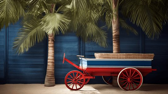 一辆马车摄影照片_一辆红白蓝相间的马车停在棕榈树前
