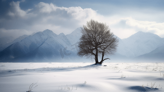 白皑皑的群山摄影照片_雪地里孤零零的一棵树，背景是群山
