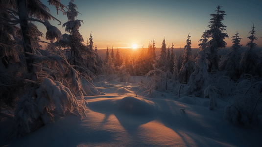 太阳正在白雪覆盖的森林上落下