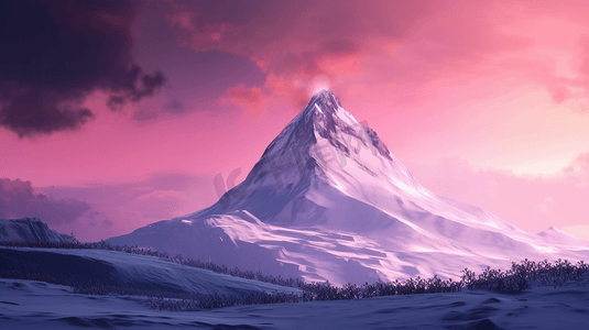 背景是紫色天空的白雪覆盖的山