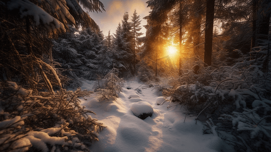 上落摄影照片_太阳正在白雪覆盖的森林上落下