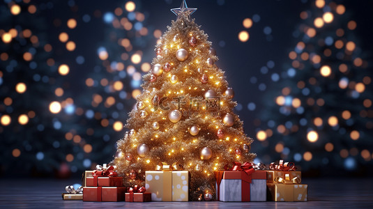 圣诞树装饰彩灯和礼品盒节日背景14