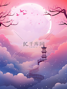 飞的喜鹊背景图片_喜鹊云拱桥古建筑七夕粉色背景5