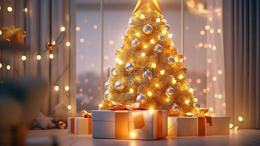 圣诞节圣诞树彩灯背景图片_圣诞树装饰彩灯和礼品盒节日背景4