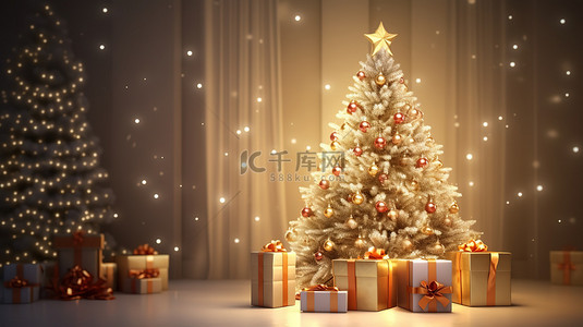 圣诞树装饰彩灯和礼品盒节日背景18