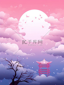 喜鹊云拱桥古建筑七夕粉色背景14