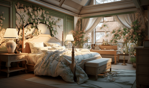 欧式卧室背景图片_绿色温馨舒适田园风卧室设计