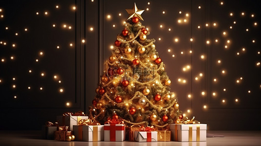 圣诞树装饰彩灯和礼品盒节日背景16