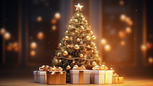圣诞树装饰彩灯和礼品盒节日背景13