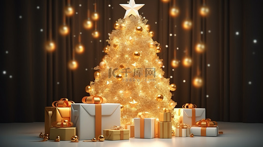 圣诞节圣诞树彩灯背景图片_圣诞树装饰彩灯和礼品盒节日背景1