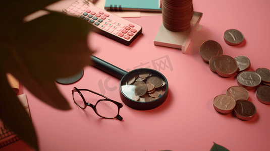 家庭放大镜和粉红色背景的计算器家庭预规划概念投资储蓄领取补贴