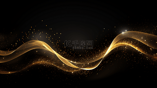 抽象的金色波纹。闪亮的金色移动线条设计元素，配以黑色背景上的闪光效果，适用于贺卡和折扣券。
