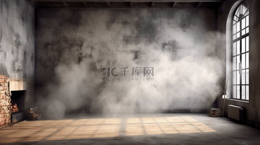 烟雾雾气背景图片_3D凹凸不平的室内空间，聚光灯中飘着烟雾。