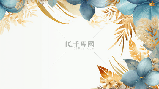 网页蓝背景图片_豪华的背景，带着金色的植物叶子在浅蓝色的背景上。植物艺术，可用于印刷品，网页横幅和包装设计。