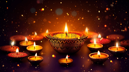 祈愿背景图片_快乐的排灯节，灰色的空横幅和两个印度油灯。