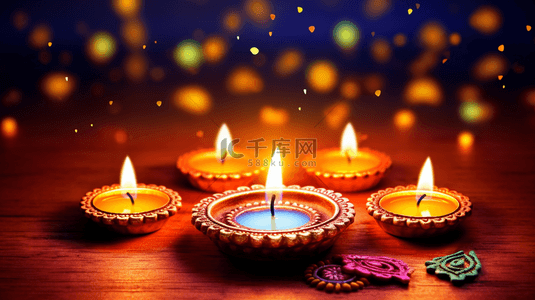 印度文化背景图片_快乐的排灯节，灰色的空横幅和两个印度油灯。