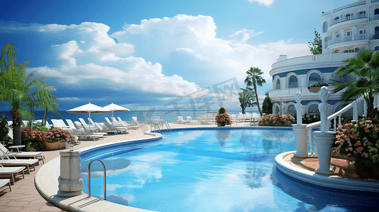 泳池遮光摄影照片_海边度假酒店的泳池