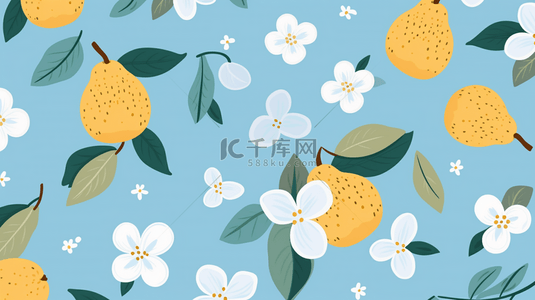 水果花卉背景图片_梨子水果框架在天蓝色背景设计矢量图中。