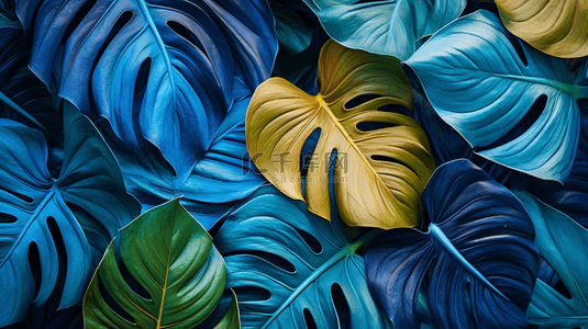 蓝色龟背竹人工自制叶子平铺照片
