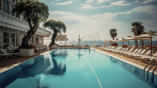海边酒店摄影照片_海边度假酒店的泳池