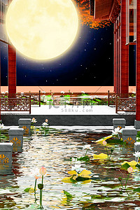 中秋节场景背景图片_中秋节建筑中国风赏月场景
