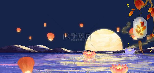 中元节夜晚河灯深色插画风背景