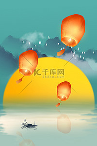 海报中元节背景图片_中元节月光灯笼绿色简约背景