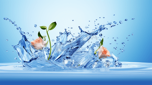 简约淡蓝色背景摄影照片_花朵飞溅的水流背景