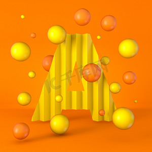 温暖极小的黄色闪光字体字母3D渲染图形孤立于橙色背景