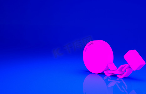 在蓝色背景上隔离的链子图标上的粉红球。最低纲领的概念。3D渲染3D插图.