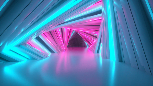 光芒摄影照片_文摘:霓虹灯三角隧道技术.无尽的漩涡动画背景。现代霓虹灯。明亮的霓虹灯线闪烁着光芒向前移动.3d说明