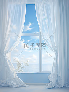 白色窗帘蓝色天空淡淡云朵背景15