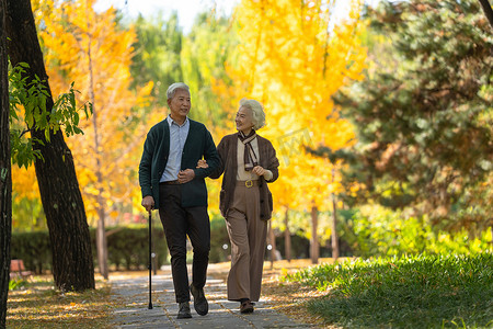 国际老年人日海报摄影照片_时尚的老年夫妇在公园里散步