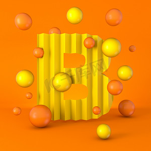 黄色字体背景摄影照片_温暖极小的黄色闪光字体字母B 3D渲染图形孤立在橙色背景