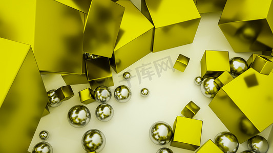 彩色球体和金色立方体的抽象背景。3D渲染说明