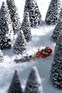中国神话动物摄影照片_雪地上驯鹿拉着圣诞老人