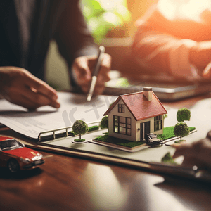 汽车和房屋租赁概念经纪人代理向客户提出并咨询决策签署形式协议的房屋和汽车模型