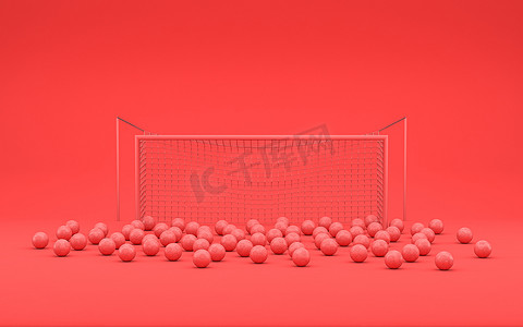 goal摄影照片_A Goal frame and bunch of football balls after multiple shots in single color monochrome red scene, single color, 3d rendering for presentation, websites and print