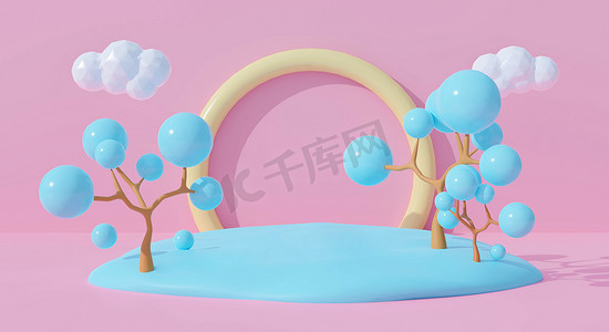 彩色背景上的3D粉色讲台用可爱的彩虹抽象几何形状。创意最小的夏天云和树漫画的孩子。三维渲染基座获胜者，产品模型设计.