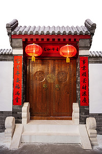灯笼传统元素摄影照片_中式庭院门口