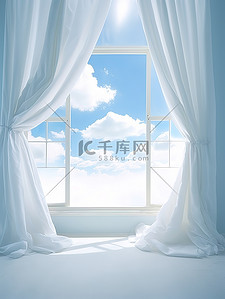 白色窗帘蓝色天空淡淡云朵背景18