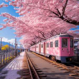日本的樱花摄影照片_这是日本仙台的一个受欢迎的樱花景点途经樱花林的小火车